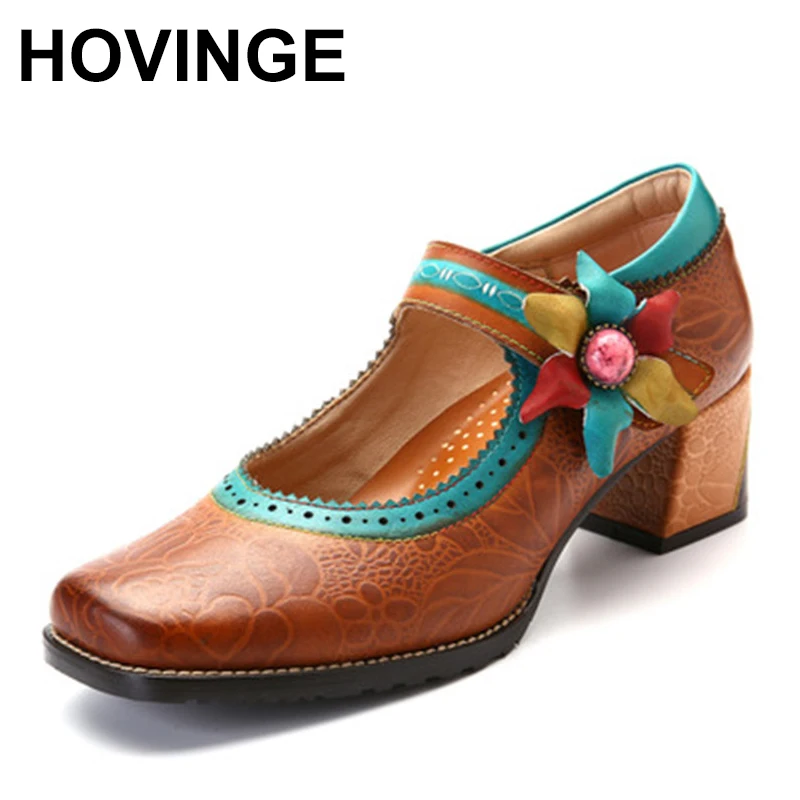

HOVINGEWomensandals pumps vintage shoes genuine leather high heels gladiator retro summer platform sandals for women shoes brown