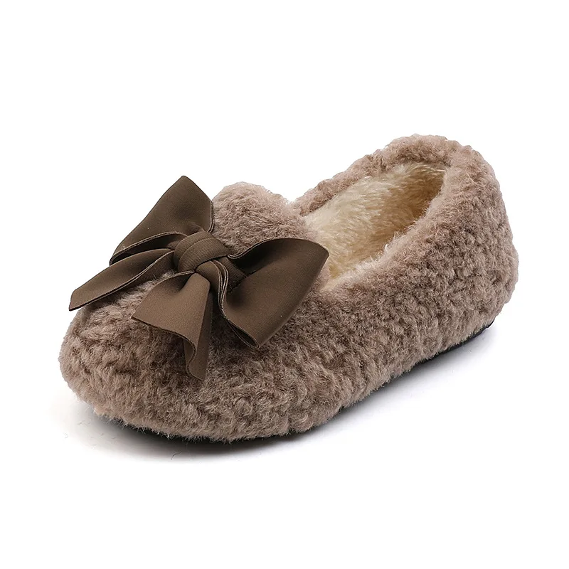 

Korean Girls Big Bow cute Tie Plush Wool Shoes Princess Shoes Bean Shoes Princess Cotton Shoes Winter New Children's Shoes 21-30
