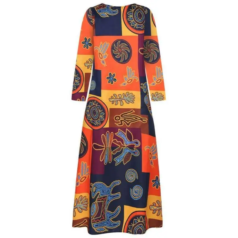 

Womens Long Sleeve Maxi Dress Retro Printed Kaftan Sundress Casual Plus Size