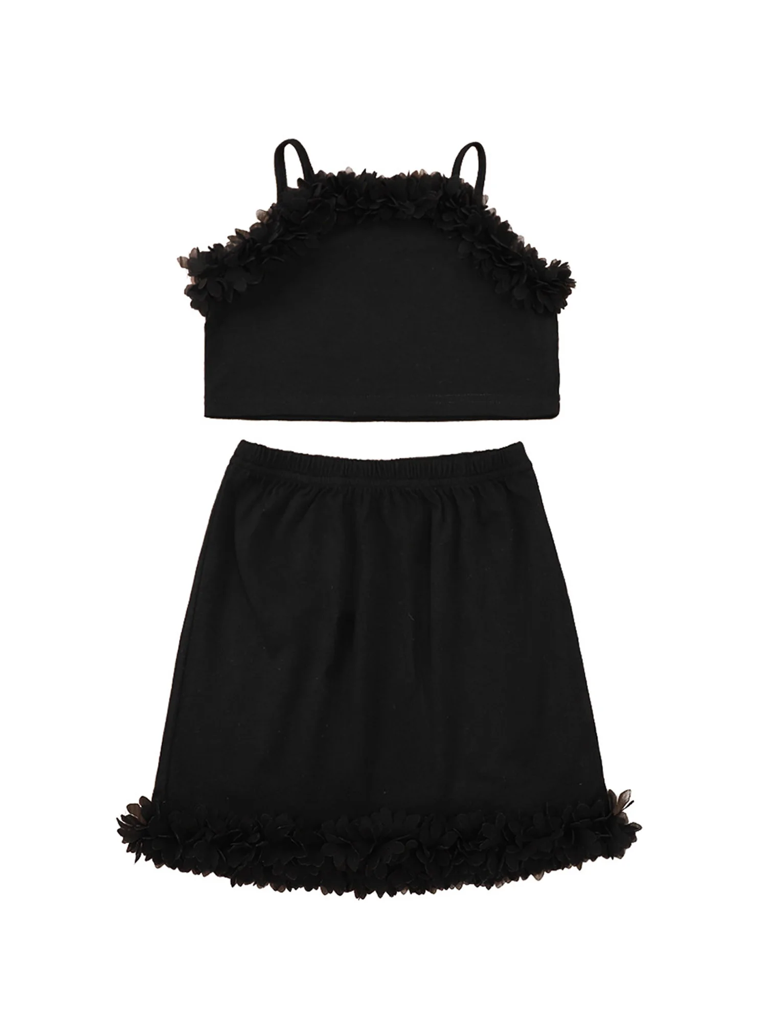 

Girls Casual Two-piece Clothes Set, Black Solid Color Off-the-shoulder Suspender Tops + Skirt 2021 New Outfits