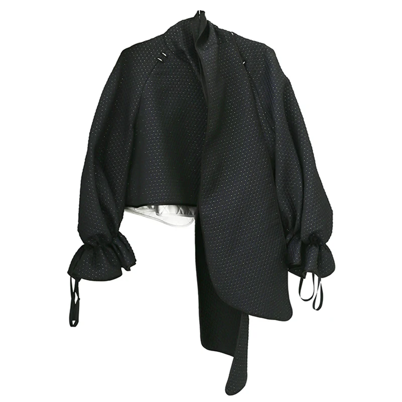 

Fit Black Loose Irregular Bow Ruffles Short Jacket New Lapel Long Sleeve Women Coat Fashion Autumn Winter 2021 1DD2179