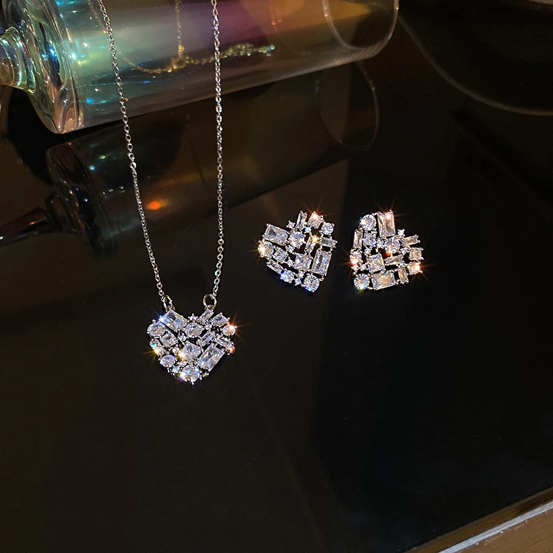

Rhinestone Crystal Zircon Necklace/Earrings Jewelry Set for Women Bride Stud Earrings Clavicle Chain Choker Wedding Accessories