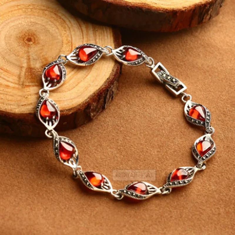 garnet Новинка, Серебро s925, красный корундовый браслет для женщин, винтажный тайский серебряный синий корунд, гранатовый браслет, женский серебряный браслет - Окраска металла: garnet