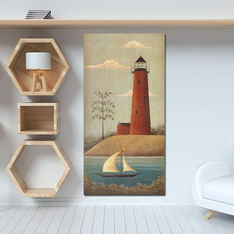 

Cartoon Pharos Sailboat Nordic Scandinavian Art Minimalist Poster and Print Painting Wall Picture for Kids Room Cuadros Decor