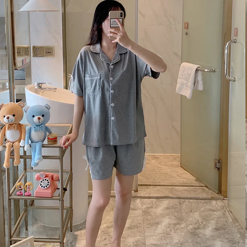

Cardigan Simple Pajamas Women's Short-Sleeved Shorts Summer Korean Lace Cotton Thin-Style Gray Home Wear Suit Spring and Autumn