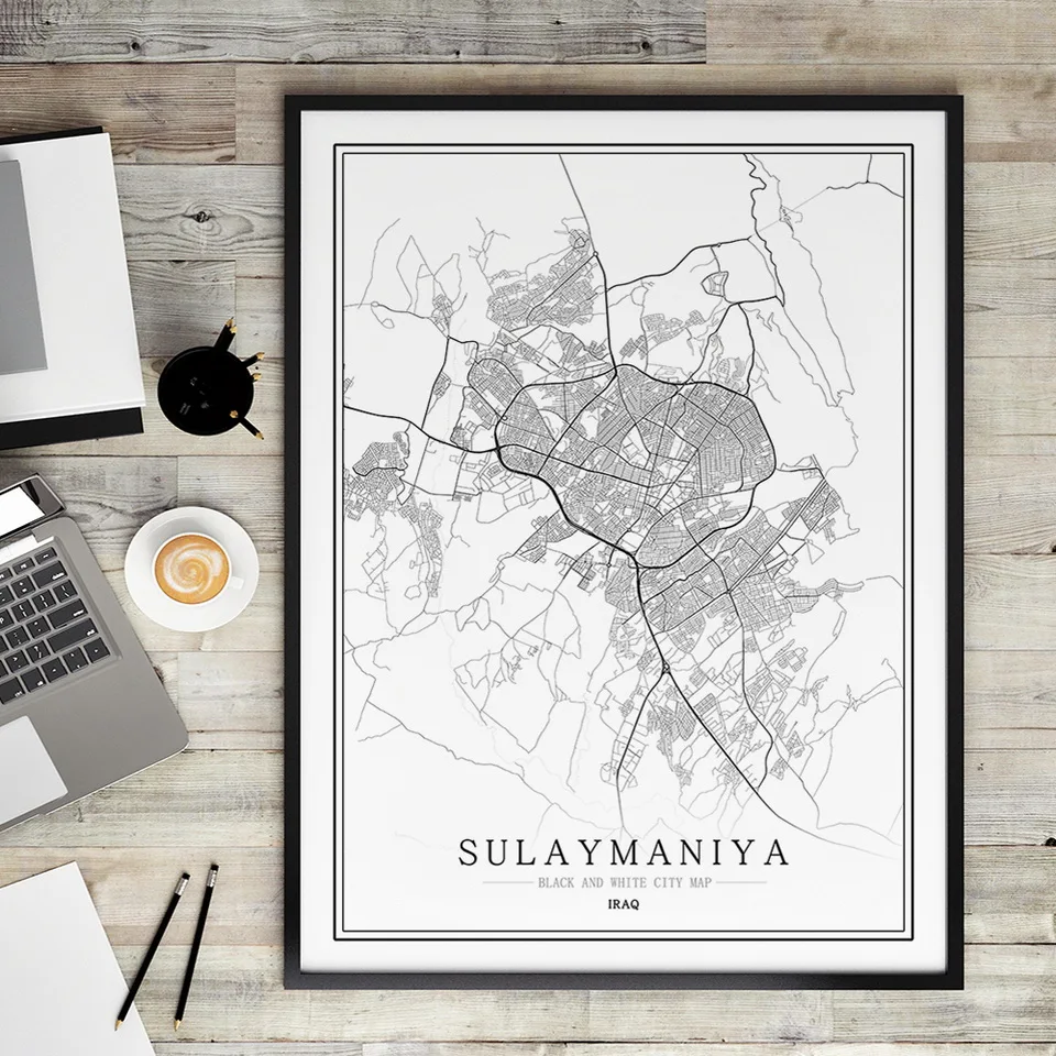 Ирако черно-белая карта города плакат Скандинавская гостиная Багдад Киркук