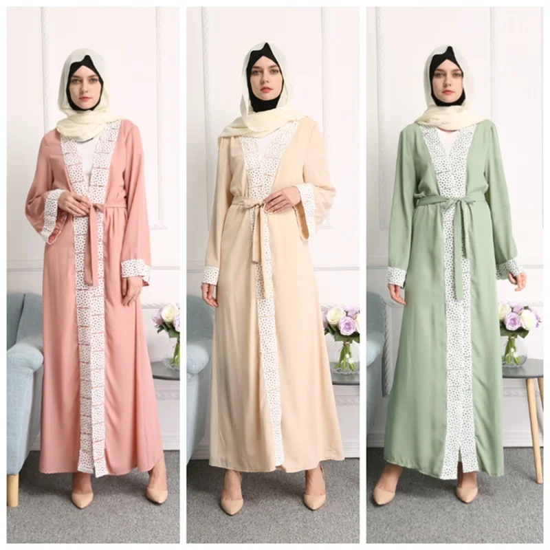 

fashion Muslim Women's Full Dresses Lace Abaya Cardigan Kimono Long Robe Gowns Tunic Middle East Ramadan Islamic Prayer Clothing