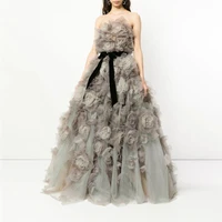 strapless gray tulle ball gown dress lace up hand made 3d flowers dress lush tulle dress elegant wedding dress chic bridal