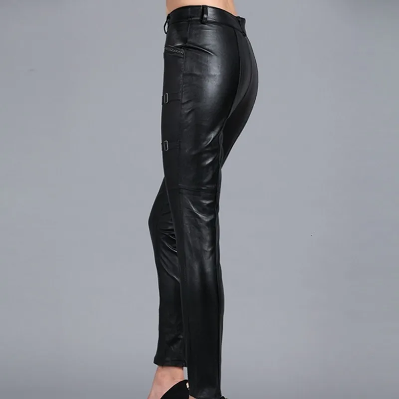 Модные женские байкерские брюки из натуральной овечьей кожи с пряжкой|Брюки| |
