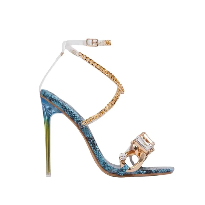 

OLOMM2021 Metal Ladies Gladiator Sandals Sexy Black Snake Print High Heels Rhinestone Summer Party Dress Buckle High Heels 43