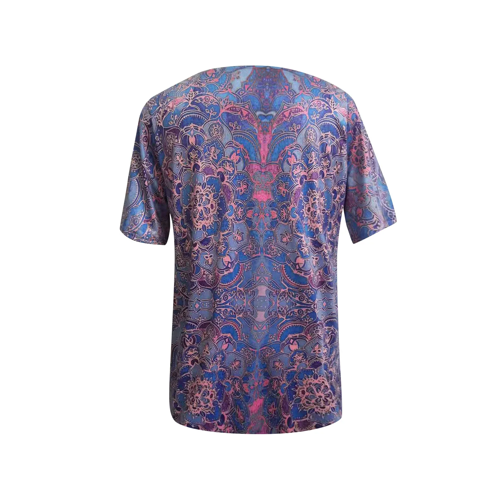 

40# Bohemian V Neck Women's Blouse Stitching Zippper Floral Printed Summer Shirt Casual Short-sleeved Top Loose Shirt 2021