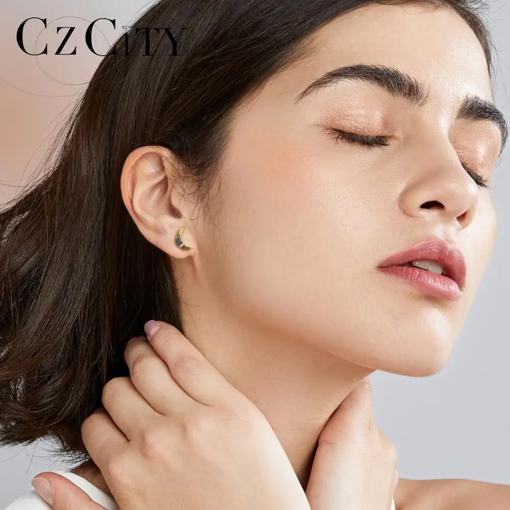 CZCITY Фирменная кисть Твердые 925 стерлингового серебра луна серьги гвоздики для