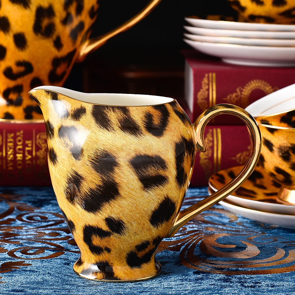 Juego de t&eacute; de cer&aacute;mica con estampado de leopardo para Hotel, calcoman&iacute;a exquisita de 15 piezas, l&iacute;nea dorada de lujo, venta al por mayor-3