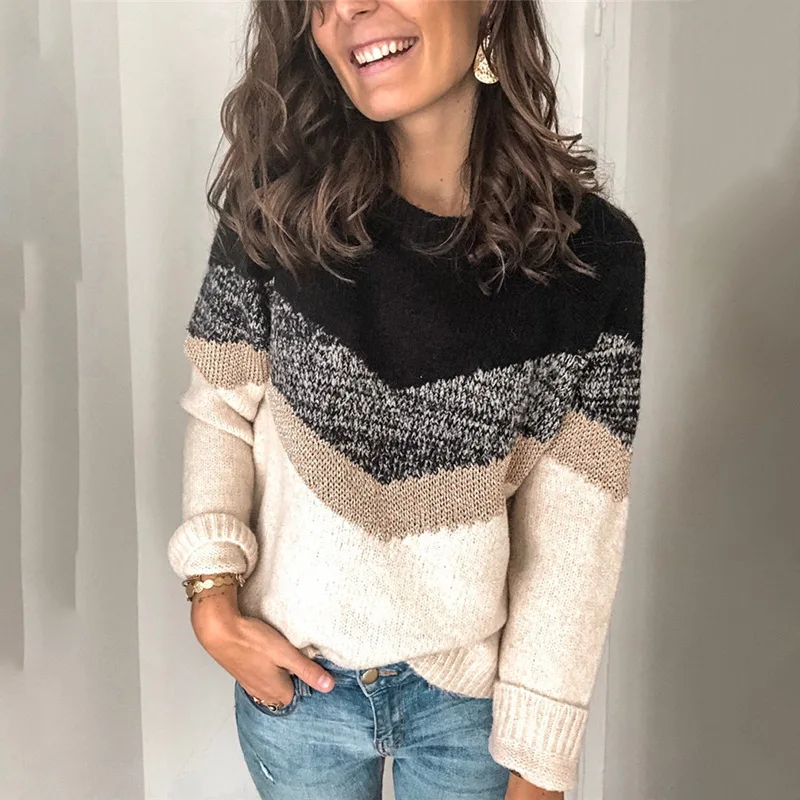 Casual Knitted Sweater Women Autumn 2021 Long Sleeve Knit Sweaters Pullover Femme Pacthwork Elegant Loose Winter Knitwear | Женская