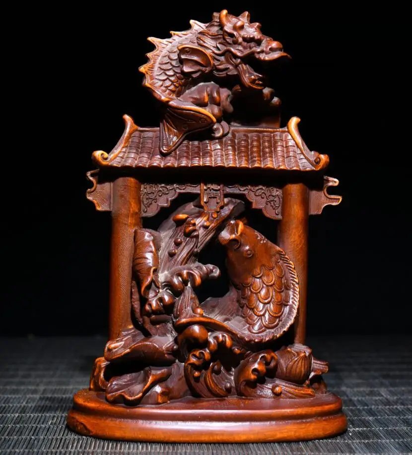 Archaize seiko Hand-carved boxwood Carp Leaping Dragon Gate crafts statue