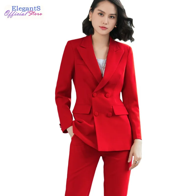 

Office Lady Work Pants Suits for Women Business Uniforms Double Breasted Fashion Pants Blazer Set Formal Jacket Suit Female 2019