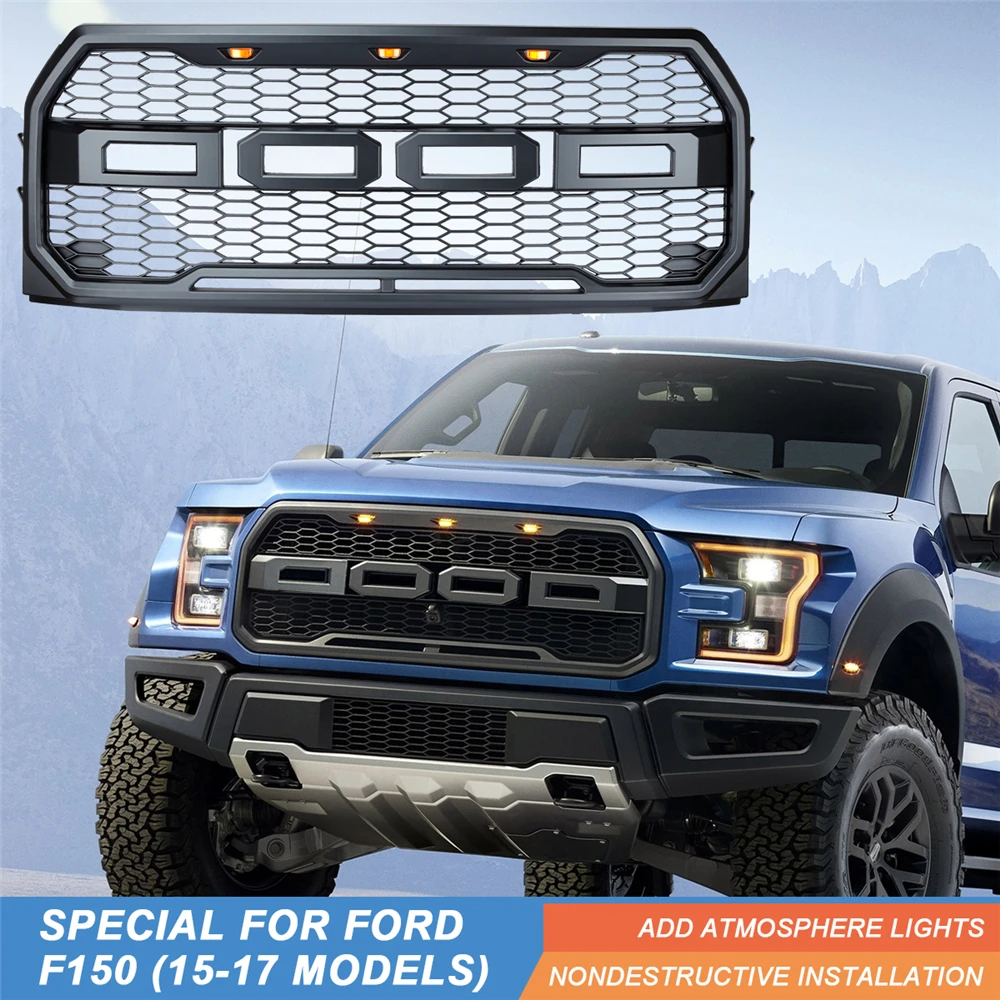 Front Grill Bumper Hood Mesh Grille with LED+Letters for Ford F150 Raptor Style 2009 2010 2011 2012 2013 2014 2015 2016 2017