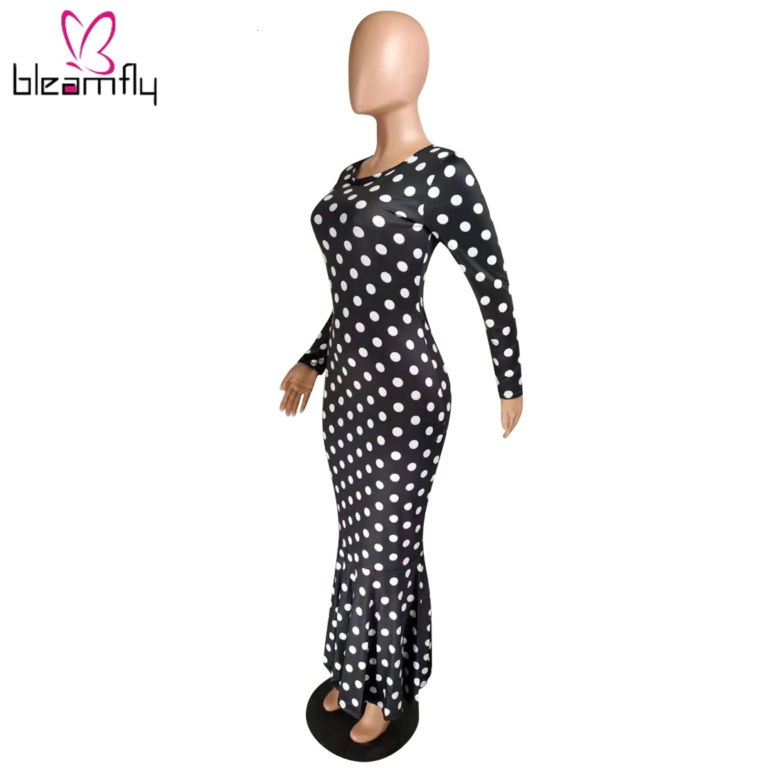 2019 женское осеннее платье до середины икры с оборками и принтом в горошек длинным