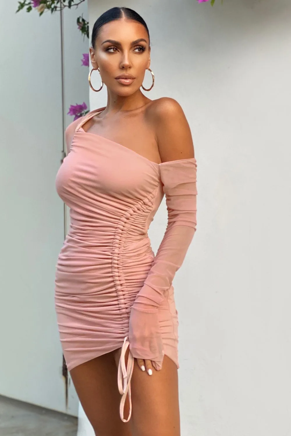 

2021 New Summer Sense Mesh Slanted Shoulder Off-shoulder Perspective Pleated Dress Womens Summer Clothing Bodycon Dress Women