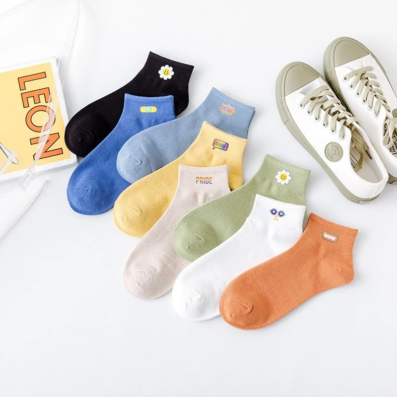 

Женские носки, однотонные носки с цветочным принтом, женские хлопковые Дышащие Короткие носки, весна-осень, модные милые носки в Корейском с...