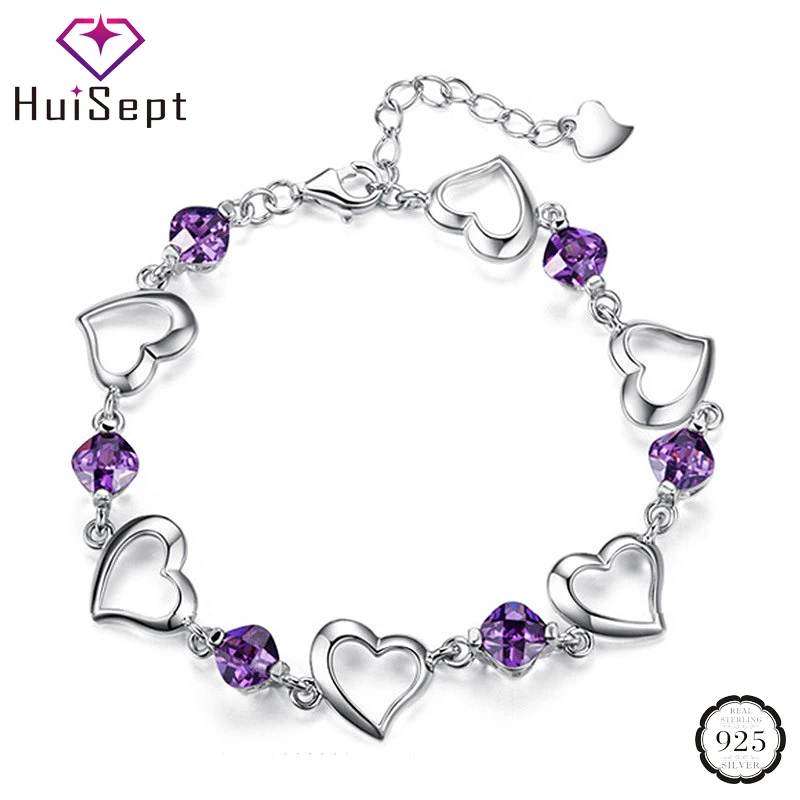 

HuiSept Trendy Heart Shape Bracelet 925 Silver Jewelry with Amethyst Gemstone Accessories for Women Wedding Promise Party Gift