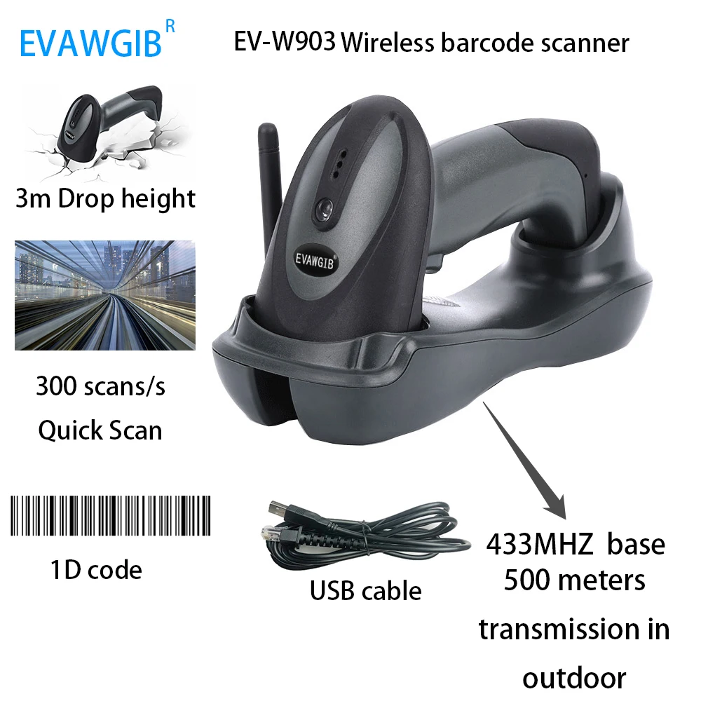 433 МГц 1D лазерный Беспроводной сканер штрих-кода супермаркет Товары сканирующий