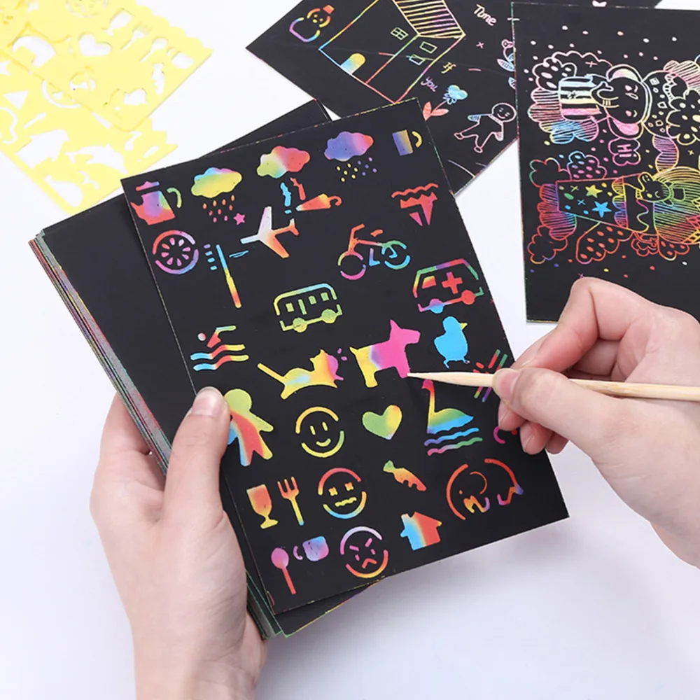 

1 Set DIY Scratch Paper Art Kit Black Scratch Off Arts and Crafts Set for Kids