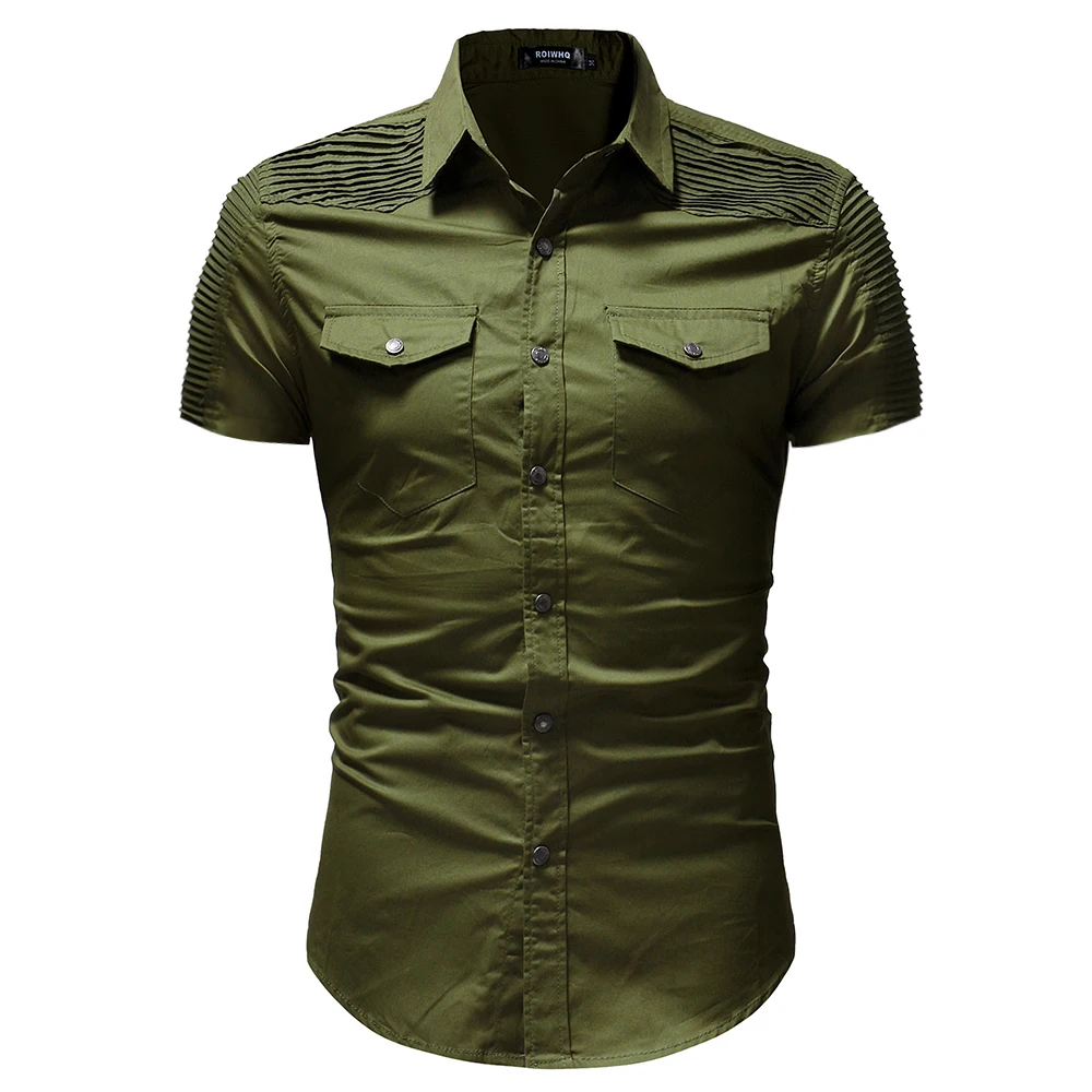 Новая импортная торговля складки строчка джинсовая рубашка короткий рукав