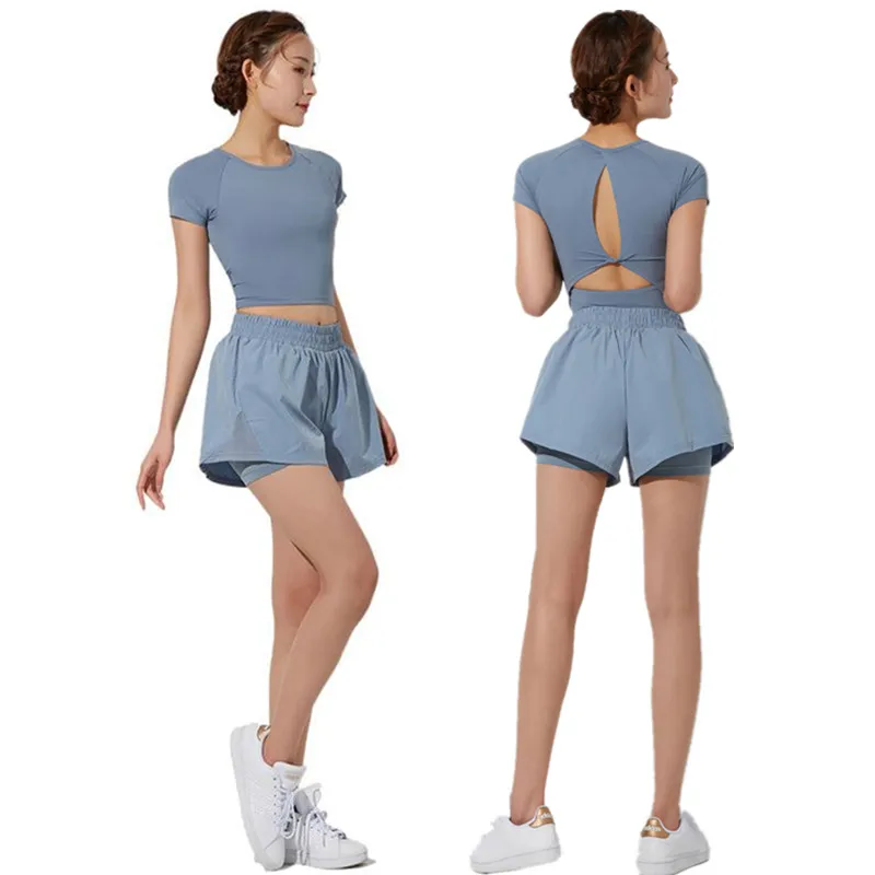 

Short Sleeve T Shirt With Chest Pad + 2 in 1 Loose Sport Shorts Women Yoga Dance Set Sports Fitness Suit Beautiful Back Hollow