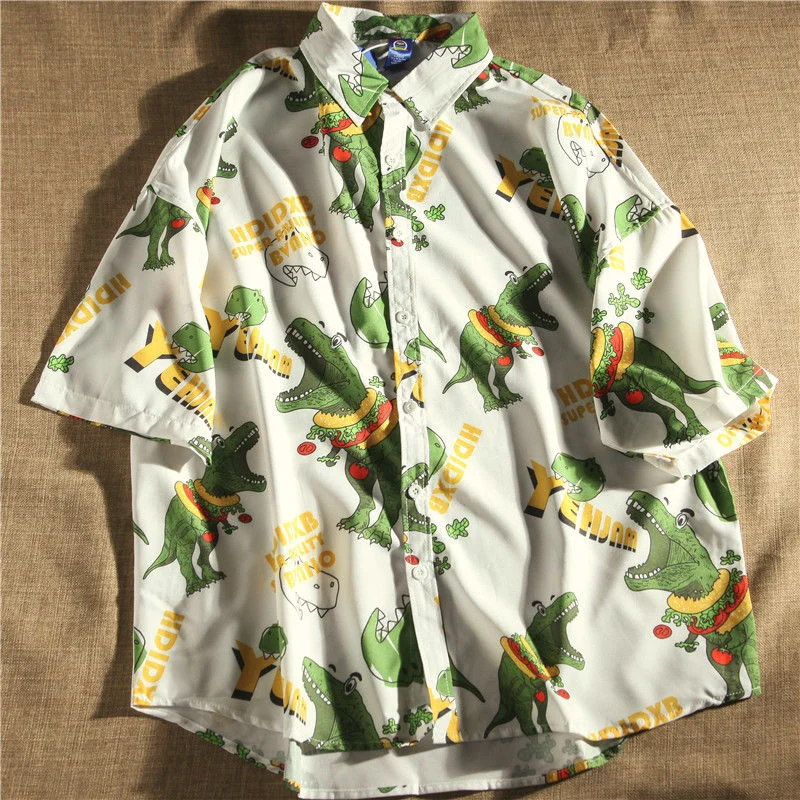 Summer Blouses Casual Shirts For Women Primitive World Dinosaur Full Print Short Sleeve Vintage Korean Style Cute Polo Top