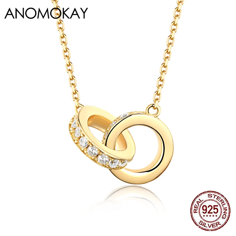 

Classic Double Round Interlock Set with Zircon Gold Color Women Necklace 925 Sterling Silver Necklace for Valentine's Day Gift