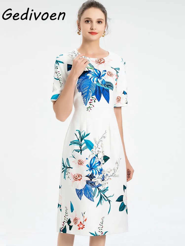 

Gedivoen Fashion Woman Spring Summer Elegant Midi Dress Elegant O-Neck Short Sleeve Slim Flower Print Mid-Calf A-Line Dresses