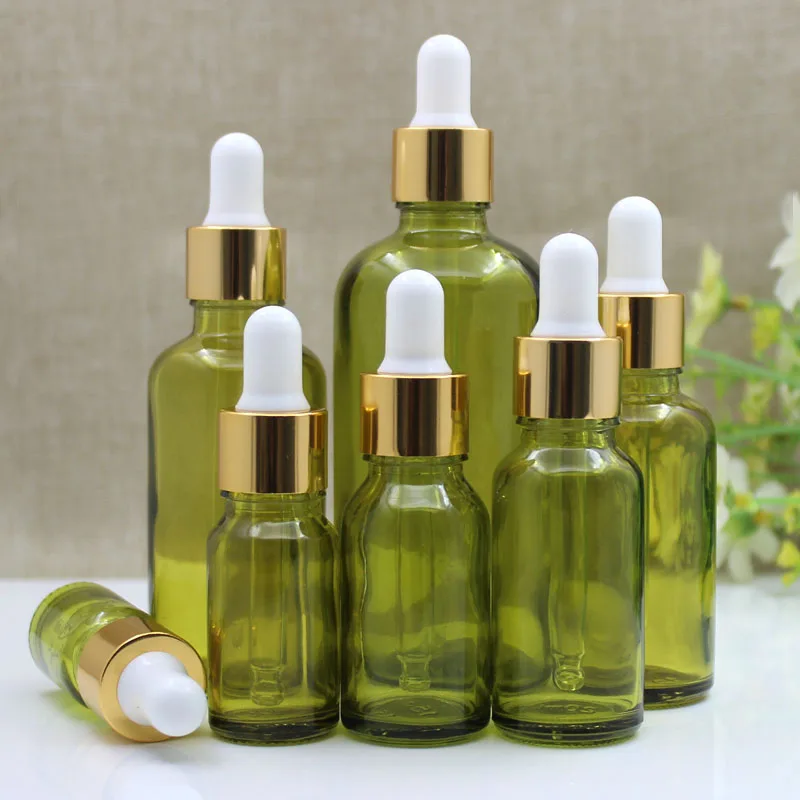 12 X 5/10/15/30/50/100ml Empty Green Glass Essential Oil Bottle With Dropper Medicine Dropper Vials Serum Container