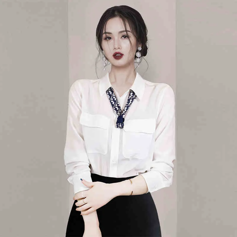 

2021 Autumn New Commuters' Workwear Long Sleeve High-end Professional White Shirt Lace-up All-matching Casual Shirt Women.