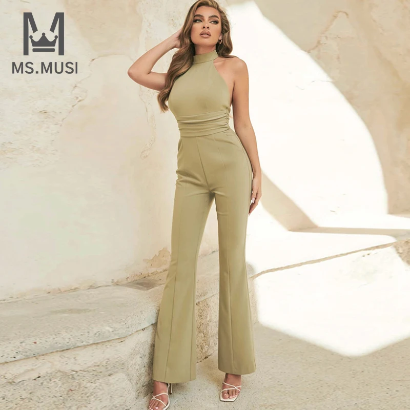 MSMUSI 2022 New Fashion Women Sexy Halter Sleeveless Lace Up Backless Bodycon Long Pant Jumpsuit Party Club Lady Autumn Jumpsuit