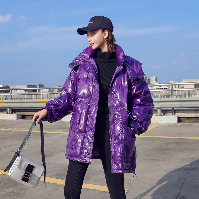 Корейский модный глянцевый пуховик 2021, женские зимние пальто, повседневные свободные пуховики, парки, женское теплое пуховое пальто с капюш... от AliExpress RU&CIS NEW