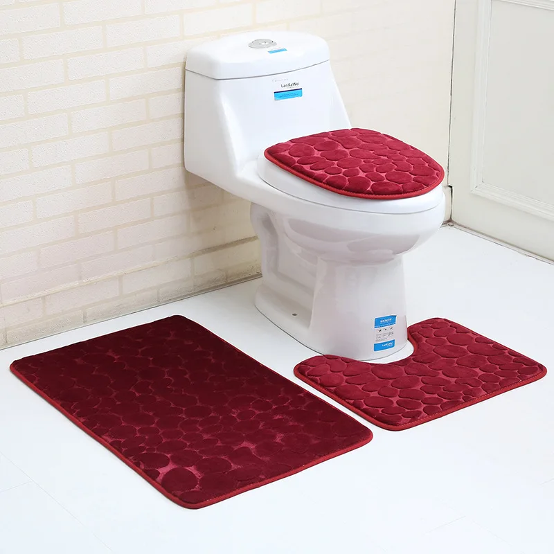 

3D Stone Pattern Absorbent Carpet 2 Or 3-piece Toilet Floor Mat Flannel Antiskid Washroom Bath Mat Toilet Seat Lid Cover