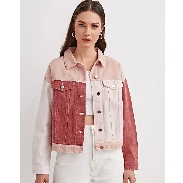

Fashion Long Sleeve Ladies Denim Jackets 2021 Fall Autumn Spring Pink Patchwork Women Cotton Jackets Casual Jeans Jacket Famale