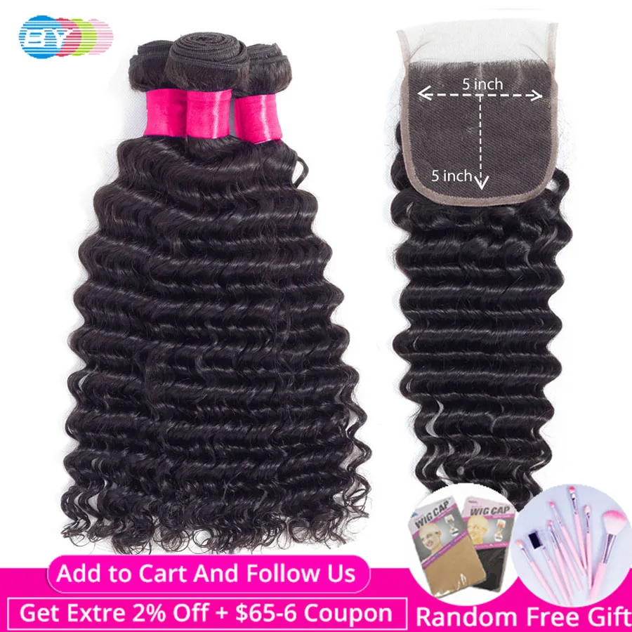 [] Глубокая волна пряди с закрытием 5x5 закрытие бразильских волос Плетение