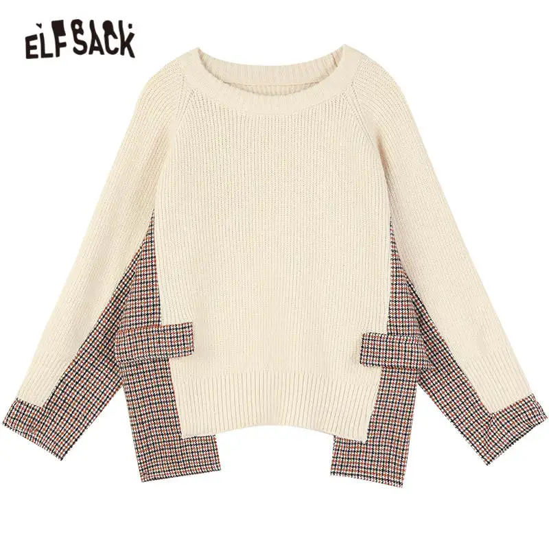 

ELFSACK Plaid Patchwork Loose Korean Women Knit Pullover Sweaters,2020 Autumn ELF Irregualr Hem,Casual Girly Daily Vintage Top