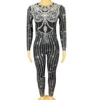 shining full rhinestones long sleeve tights jumpsuit striped printing bar dance clothing womens party costumes performance suit