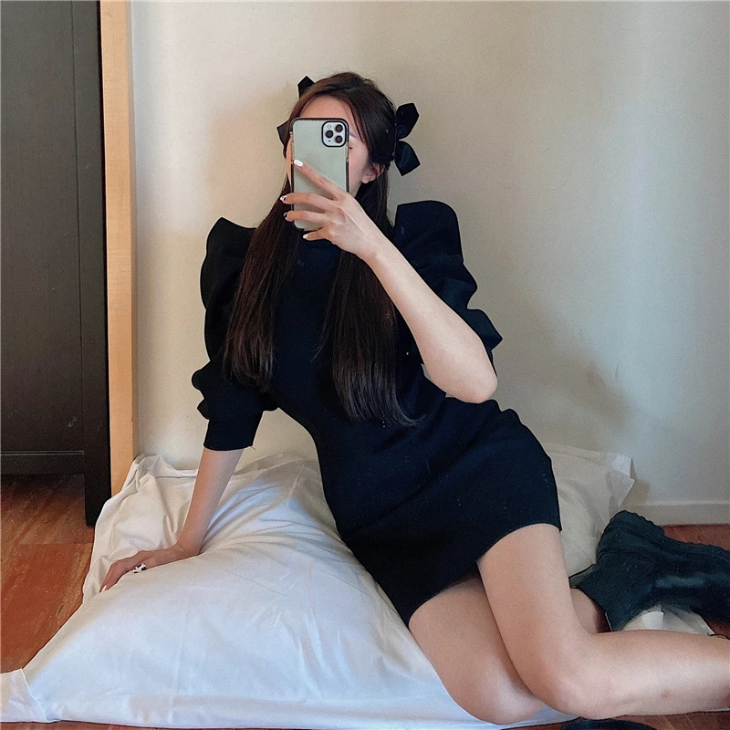 

Women Bodycon Vestidos De Mujer Solid Turtleneck Evening Party Dresses Half Sleeve High Waist 2021 Spring Woman Dress 2020 New