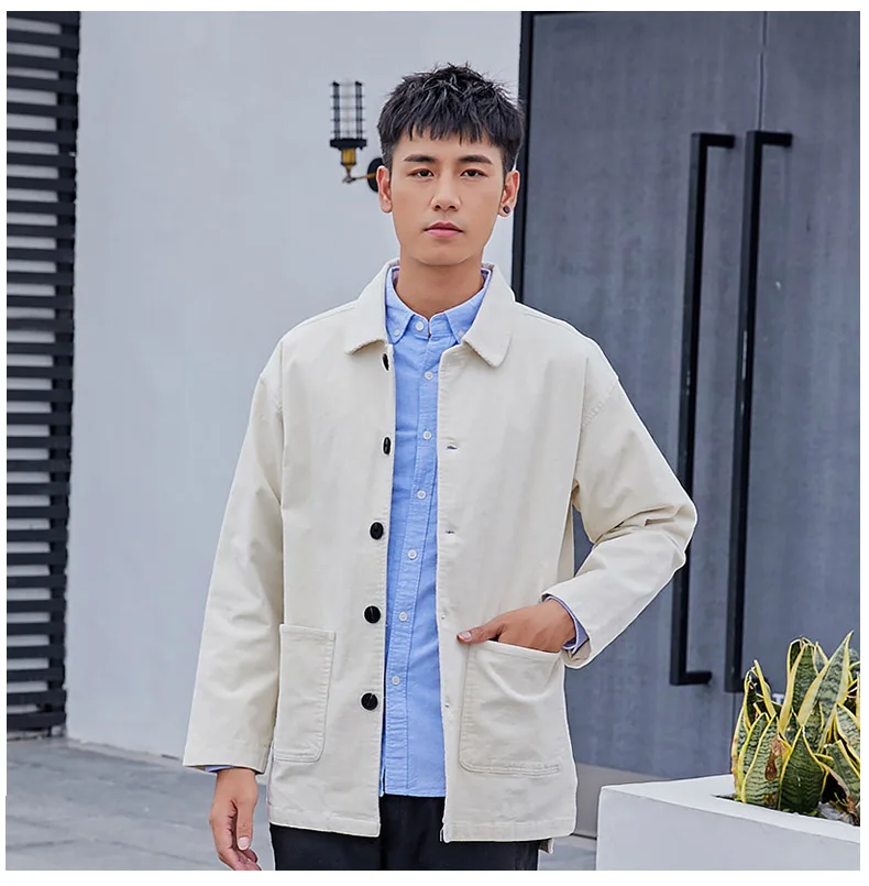 Schinteon Men Corduary Loose Jacket Autumn Mid-Length Outwear Casual Turn-down Collar Top Fashion High Quality New
