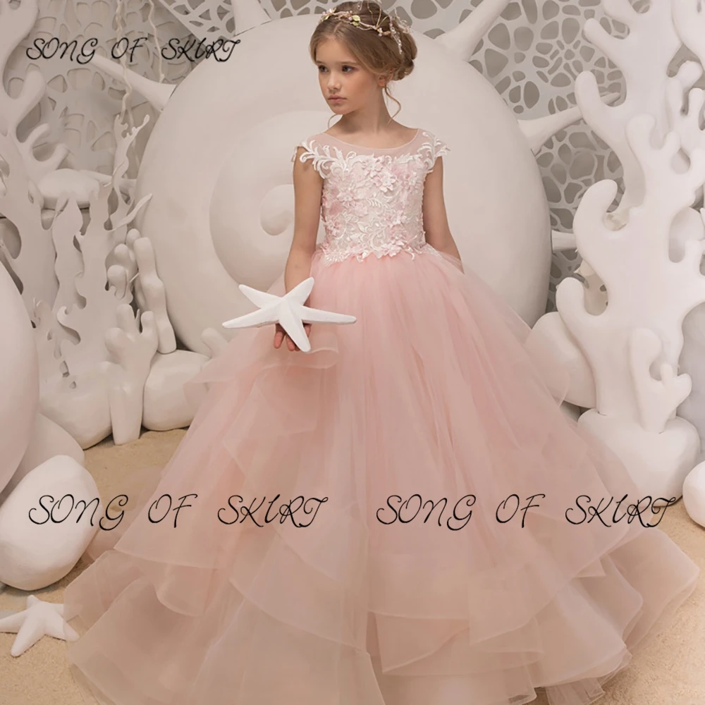 

Banquet Layered Organza Wedding Flower Girl Dresses Bateau 3D Pearl Applique Sleeveless Ball Gown Eucharist Party Dress