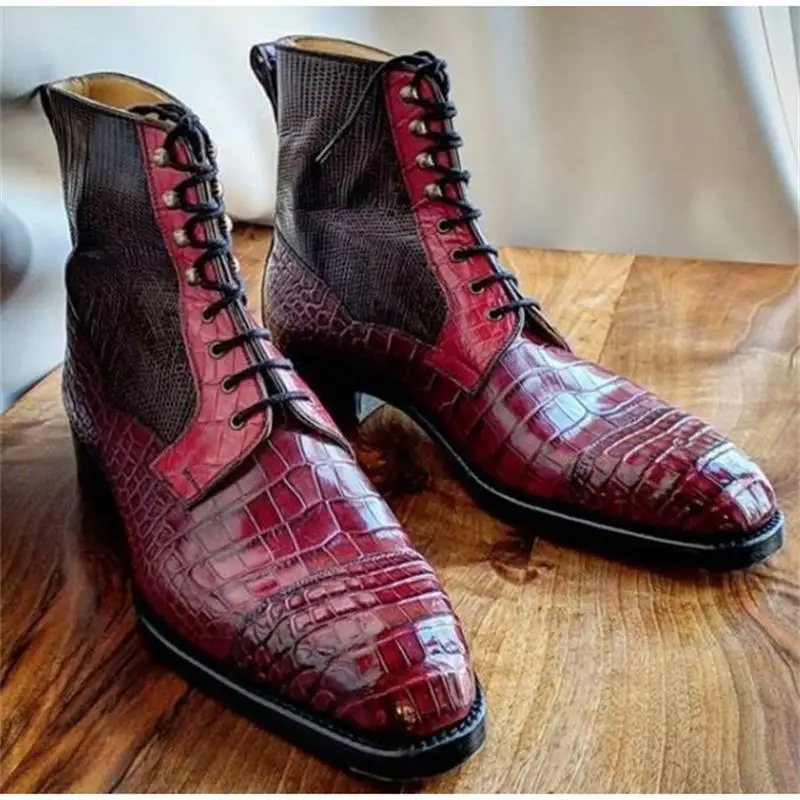 

2021 New Men Shoes Fashion Personality All-match Classic Handmade Color Matching PU Cracked High-top Lace-up Ankle Boots KS235