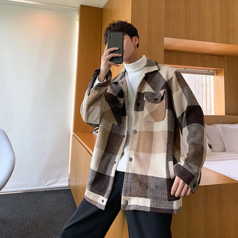 Зимнее шерстяное пальто Мужская модная повседневная Клетчатая Шерстяная куртка