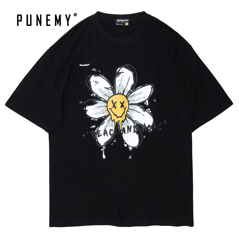Мужская футболка в стиле хип-хоп с цветочным принтом уличная из чистого хлопка