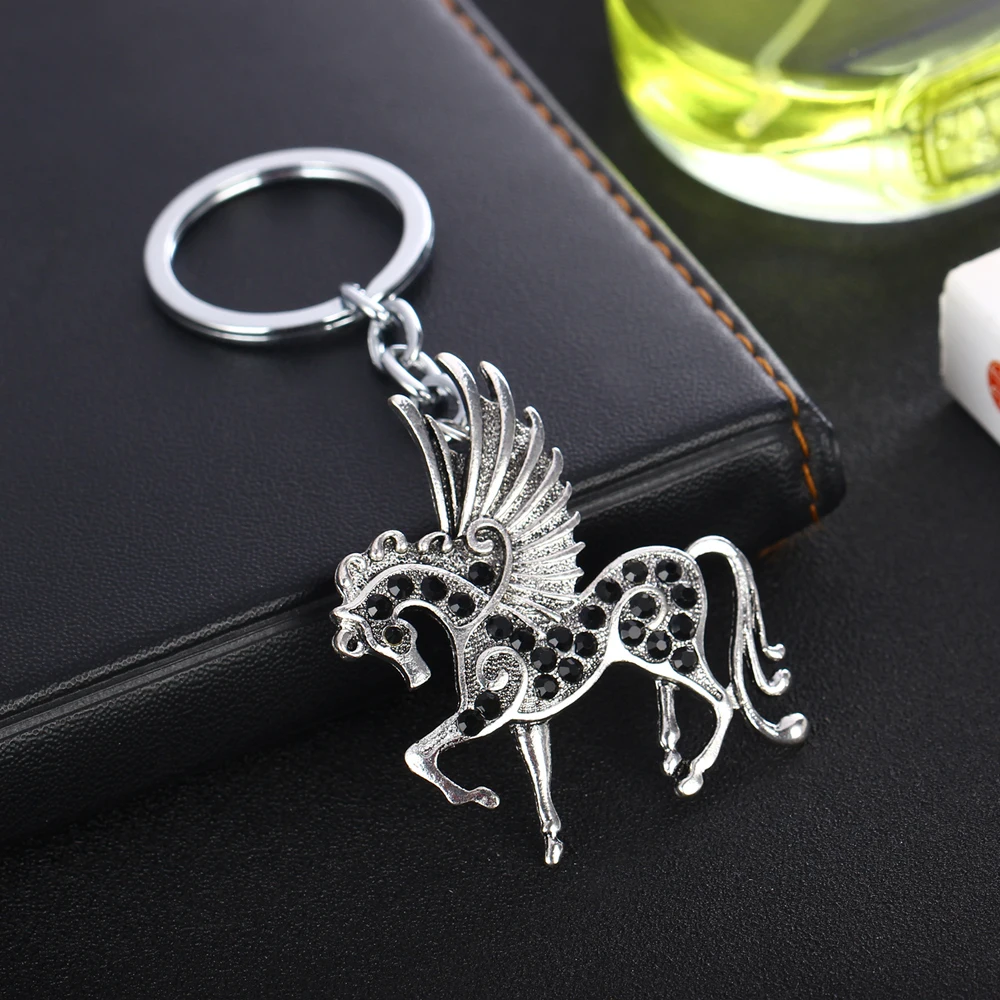 12PC Black Crystal Rhinestone Horse Wing Pegasus Keychains Animals Charm Pendant Keyrings Women Men Friends Party Gifts Jewelry | Украшения