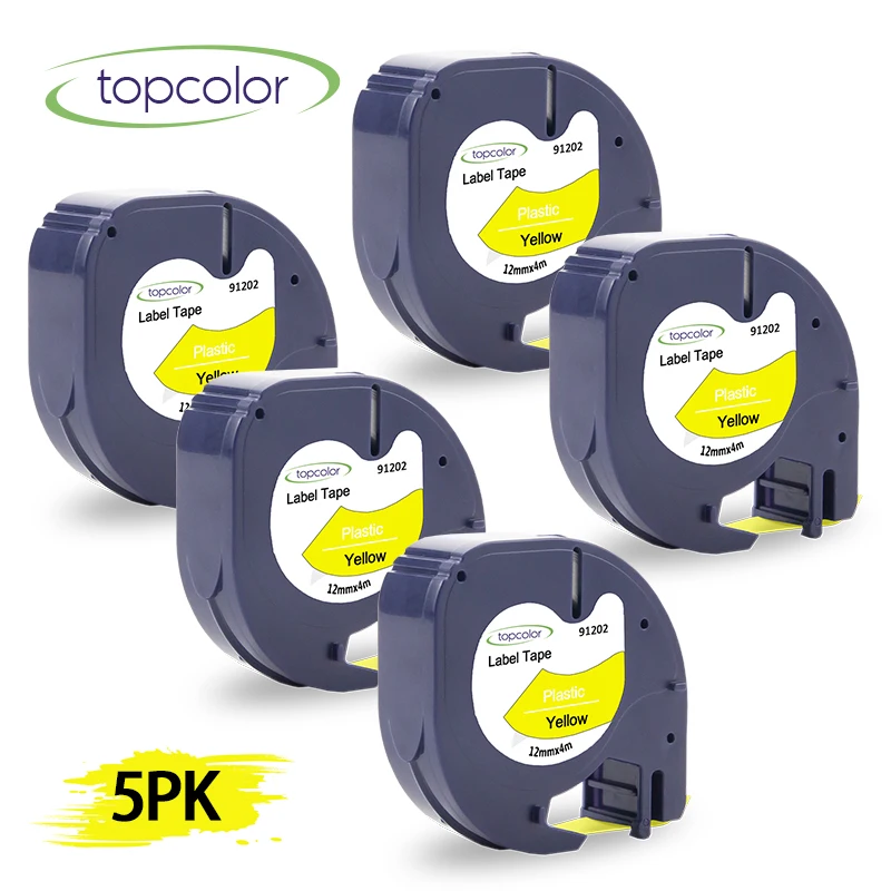 Topcolor 5PK 91202 лента для этикеток черного цвета на желтом DYMO Letra Tag Plus LT 100T 100H QX50