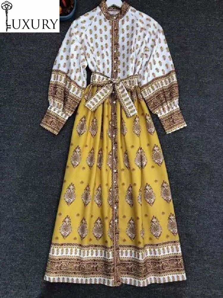 

New Top 2020 Quality Autumn Women Vintage Print Tunic Button Front Sleeve Casual Long Party Maxi Dress Beautiful